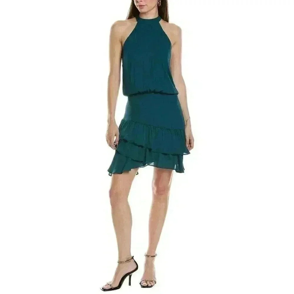 NWT Krisa Halter Asymmetrical Ruffle Mini Dress Teal Green Size Small